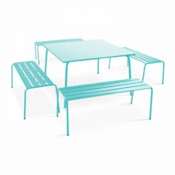 Ensemble Table De Jardin Carrée Et 4 Bancs En Métal Turquoise