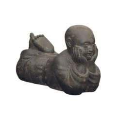 Statue Jardin Moine Bouddhiste Couché H.40 Cm - Gris Anthracite 40 Cm