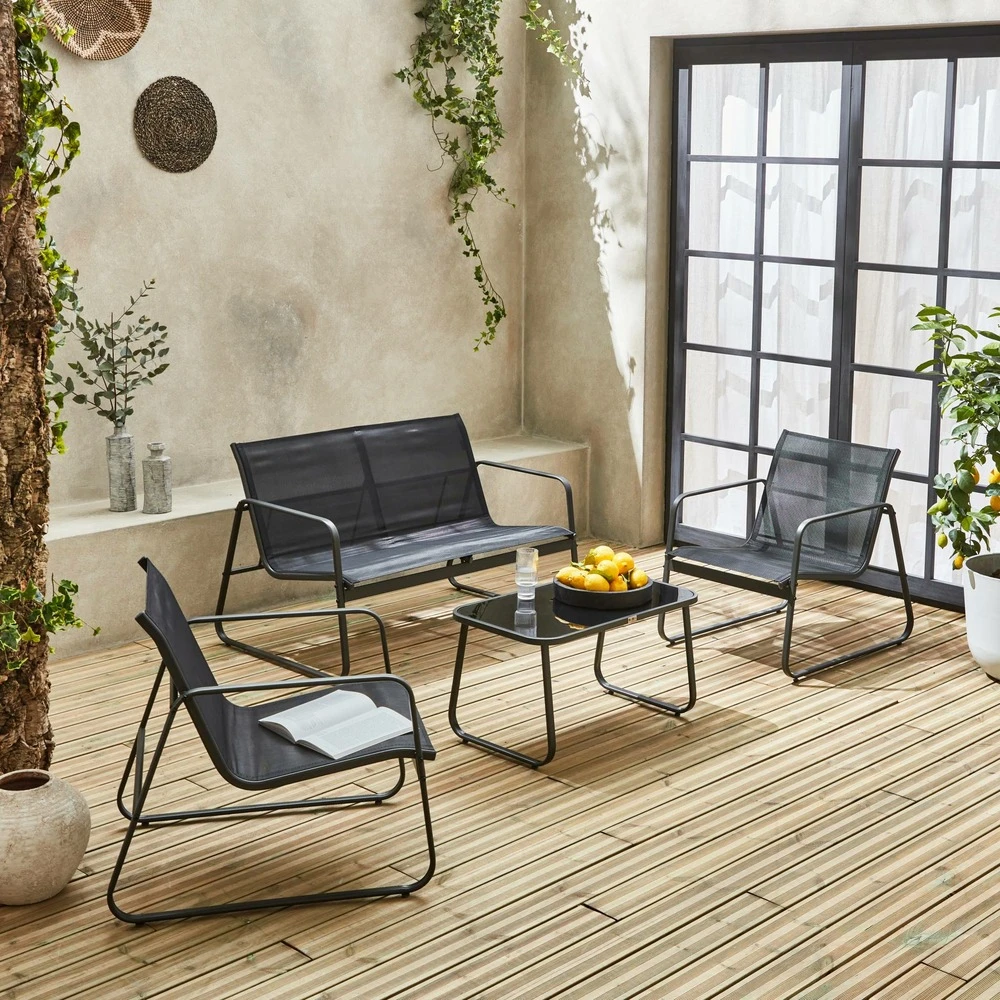 Salon De Jardin En Métal Et Textilène Pour 4 Personnes. Gris Foncé Et Noir. Design 4 Salon De Jardin En Métal Et Textilène Pour 4 Personnes. Gris Foncé Et Noir. Design – Image 2