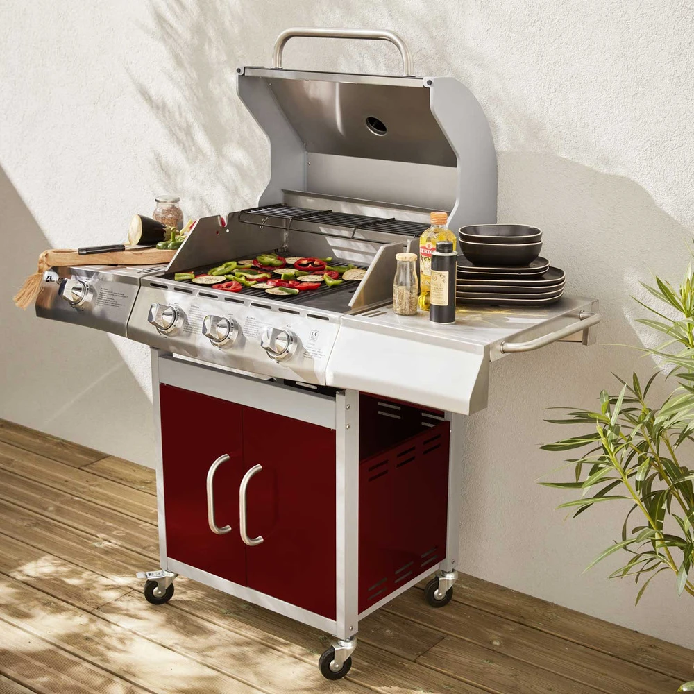 Barbecue Gaz Inox 14kw - Richelieu Rouge - Barbecue 4 Brûleurs Dont 1 Feu Latéral. Côté Grill Et Côté Plancha 3 Barbecue Gaz Inox 14kw - Richelieu Rouge - Barbecue 4 Brûleurs Dont 1 Feu Latéral. Côté Grill Et Côté Plancha