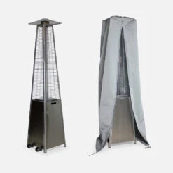 Parasol Chauffant Au Gaz Pyramide - Greenland Avec Housse De Protection Grise - Chauffage D'extérieur 11.2kw En Acier Inoxydable.