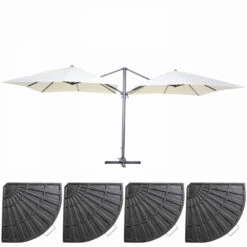 Double Parasol Déporté 3m Et 4 Dalles Lestées Aluminium Blanc