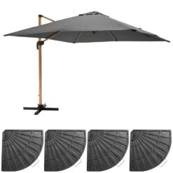 Parasol Déporté 3x3m Et 4 Dalles Lestées Effet Bois Gris