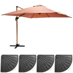 Parasol Déporté 3x3m Et 4 Dalles Lestées Effet Bois Argile