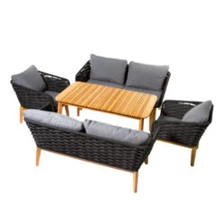 Salon De Jardin COMÈTE Alu Gris/bois - 2 Canapés, 1 Table, 2 Fauteuils