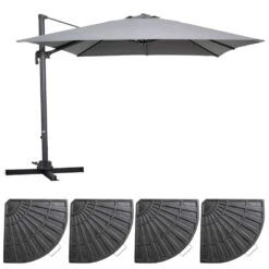 Parasol Déporté 3x3m Et 4 Dalles Lestées Aluminium Gris